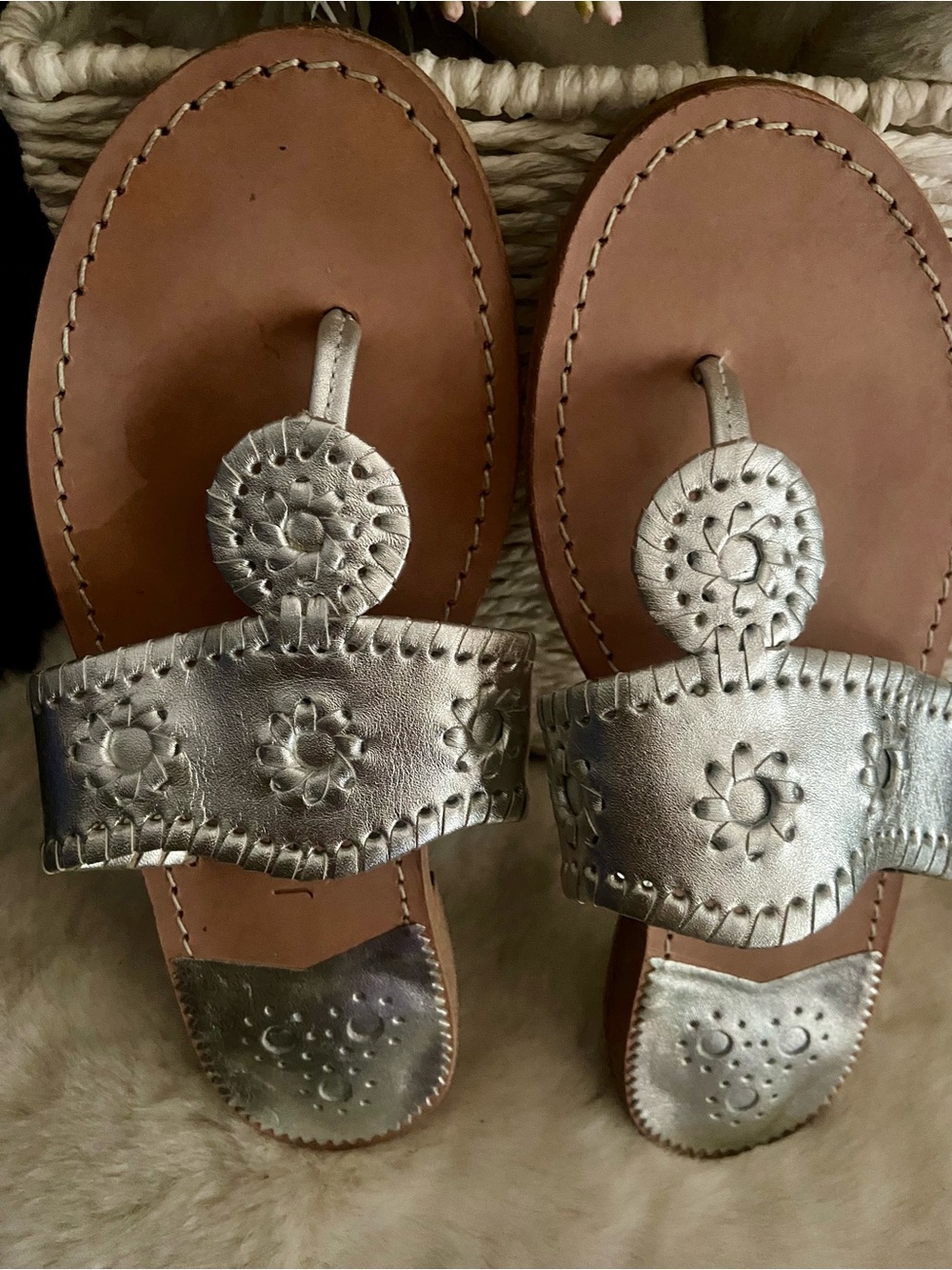 Jack Rogers Silver Metallic Leather Whipstitch Thong Sandals